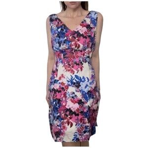 Erdem Sleeveless V-Neck Pink & Blue Floral Sheath Dress Sz 6
